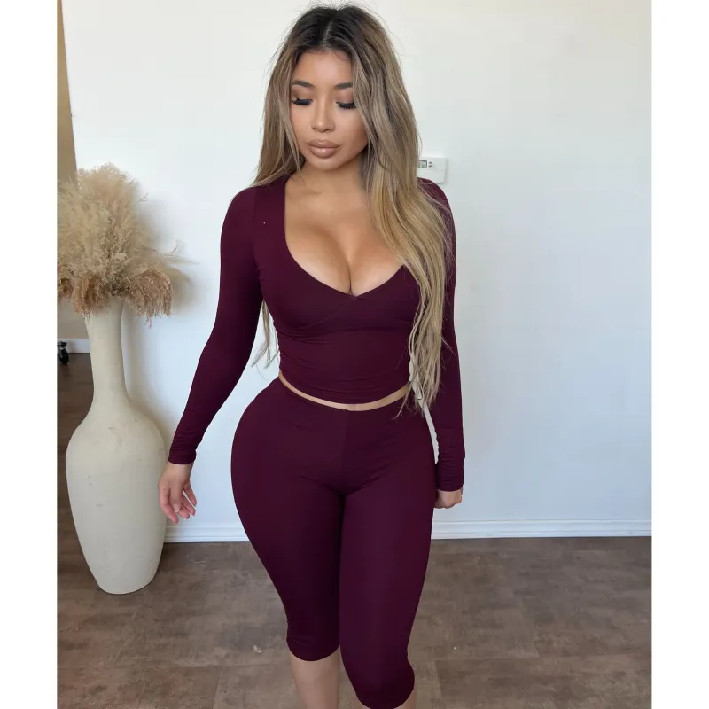 Celina Snatched Matching Set Long Sleeve Top (Wine) sold by OOTDFash