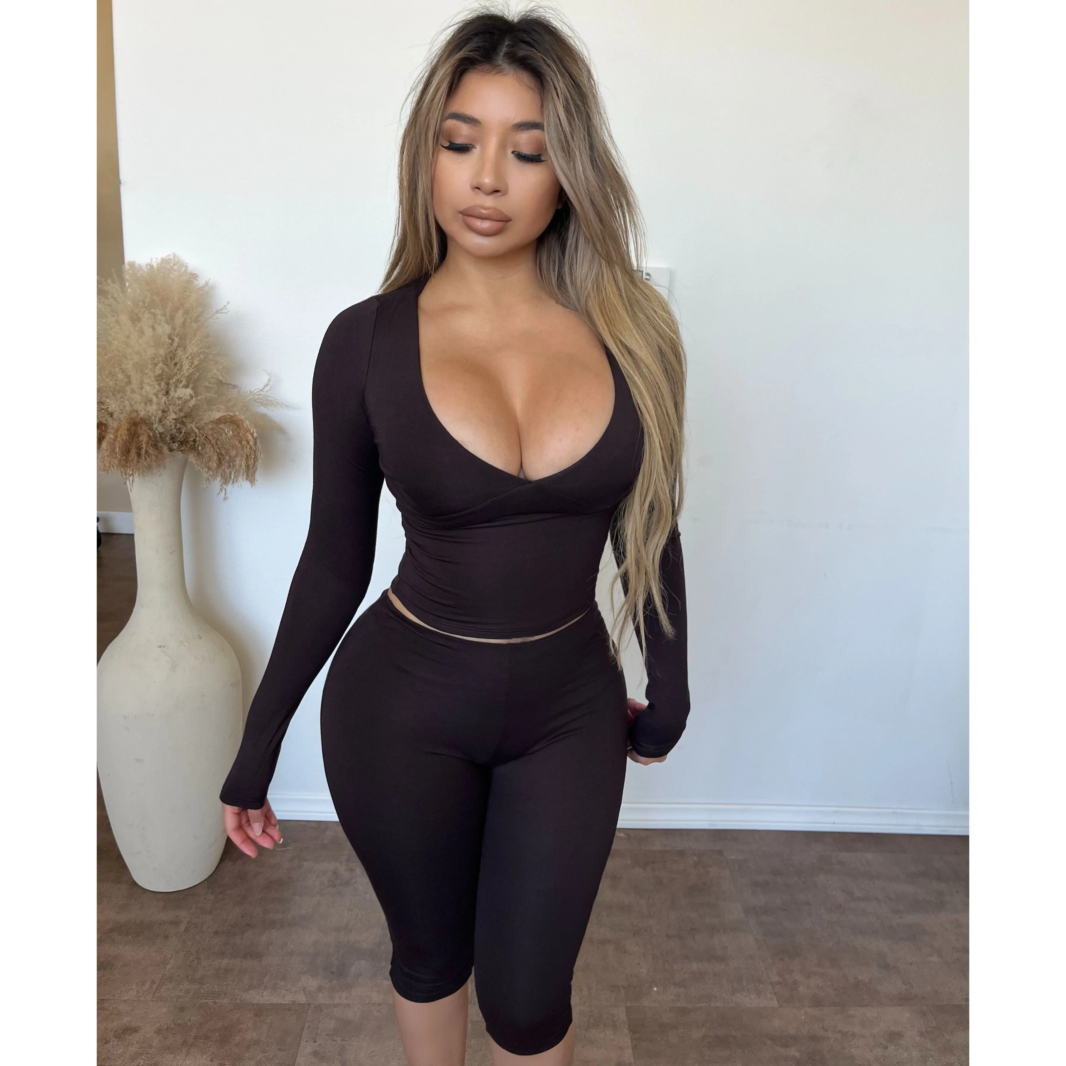 Celina Snatched Matching Set Long Sleeve Top (Chocolate) sold by OOTDFash