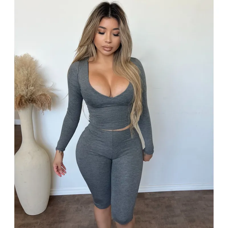 Celina Snatched Matching Set Long Sleeve Top (Charcoal) sold by OOTDFash
