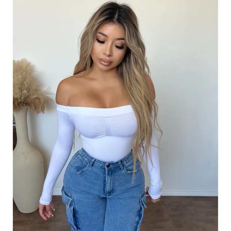 Lorissa Long Sleeve Off Shoulder Bodysuit (White) sold by OOTDFash
