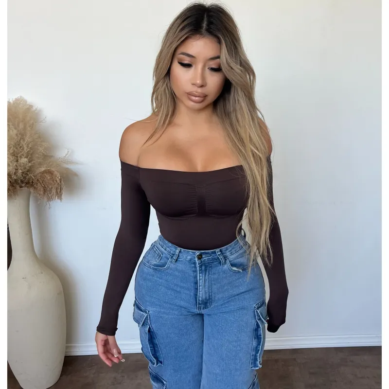 Lorissa Long Sleeve Off Shoulder Bodysuit (Chocolate) sold by OOTDFash
