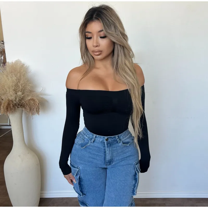 Lorissa Long Sleeve Off Shoulder Bodysuit (Black) sold by OOTDFash