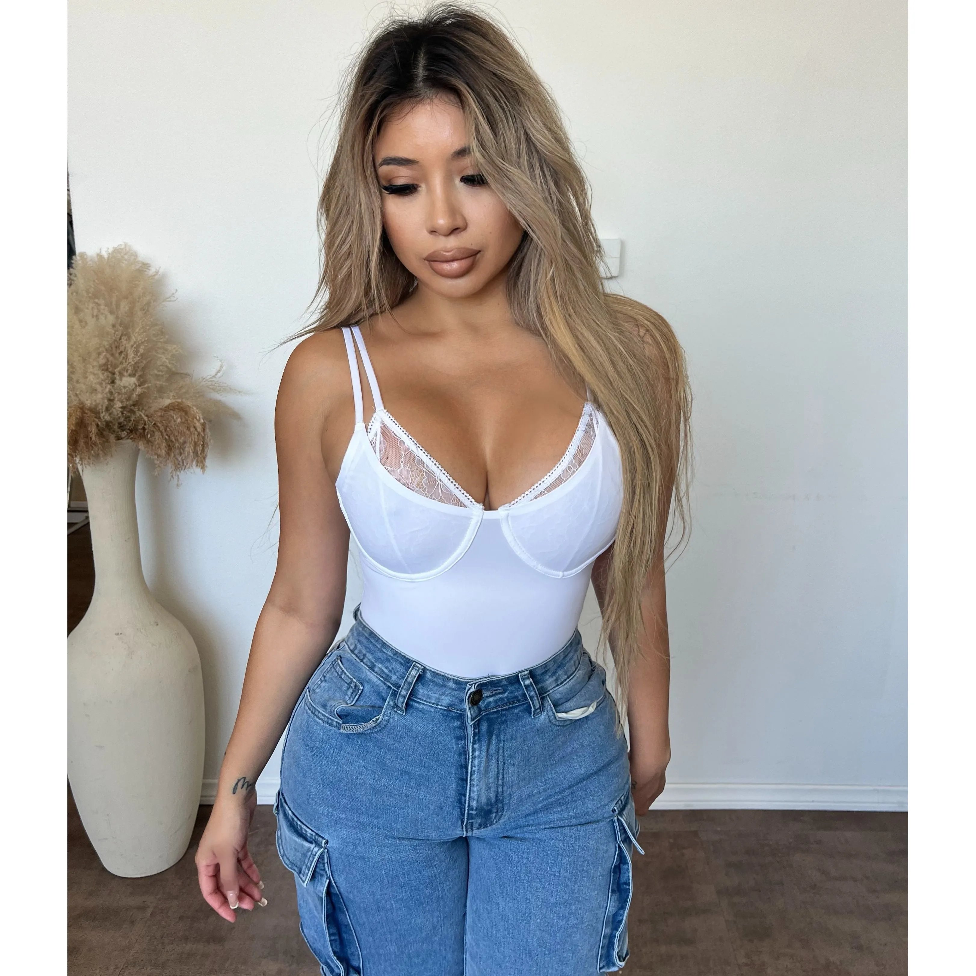 Angelina Bust Lace Cami Bodysuit (White) sold by OOTDFash