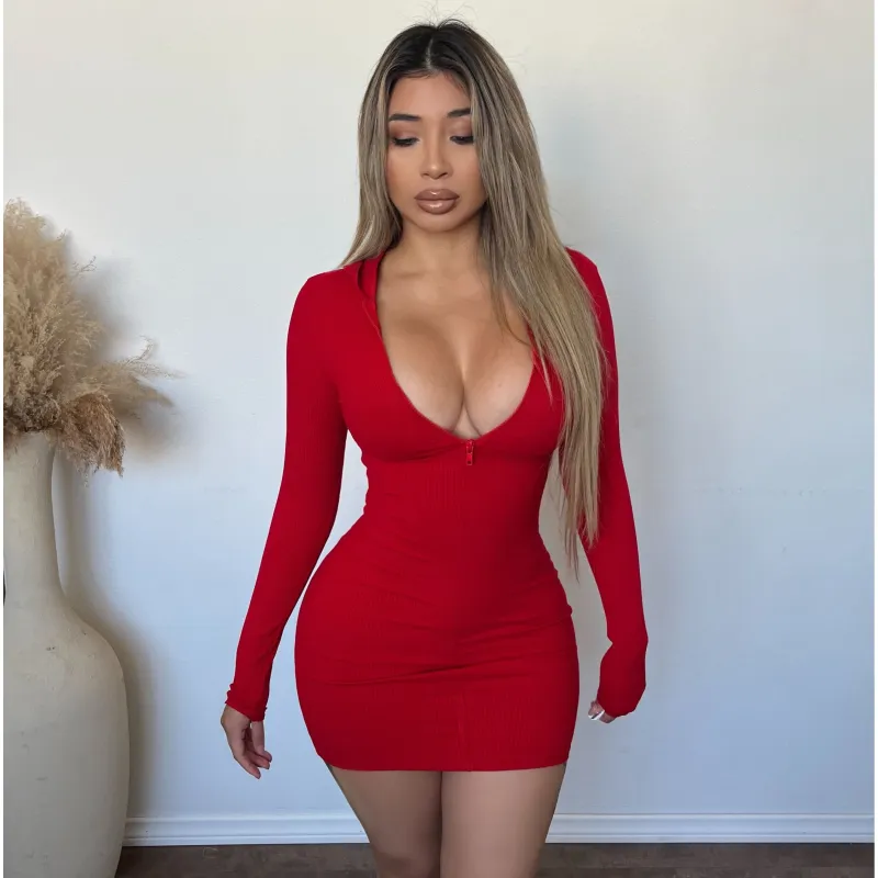Gia Snatched Rib Hoodie Dress(Red) sold by OOTDFash