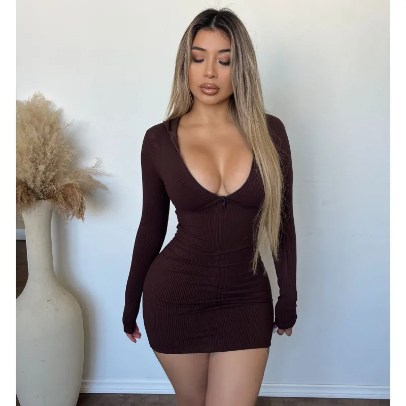 Gia Snatched Rib Hoodie Dress(Chocolate) sold by OOTDFash