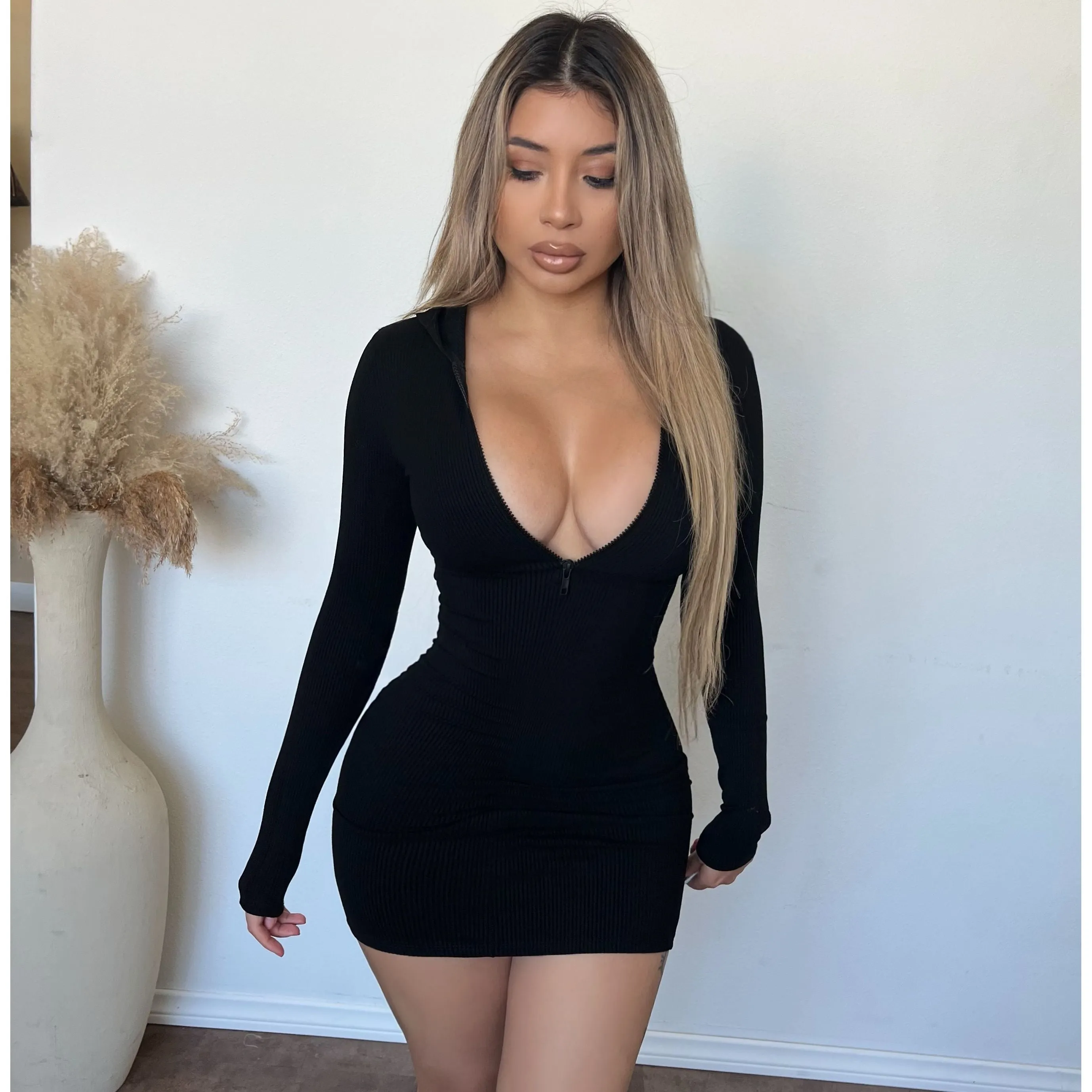 Gia Snatched Rib Hoodie Dress(Black) sold by OOTDFash