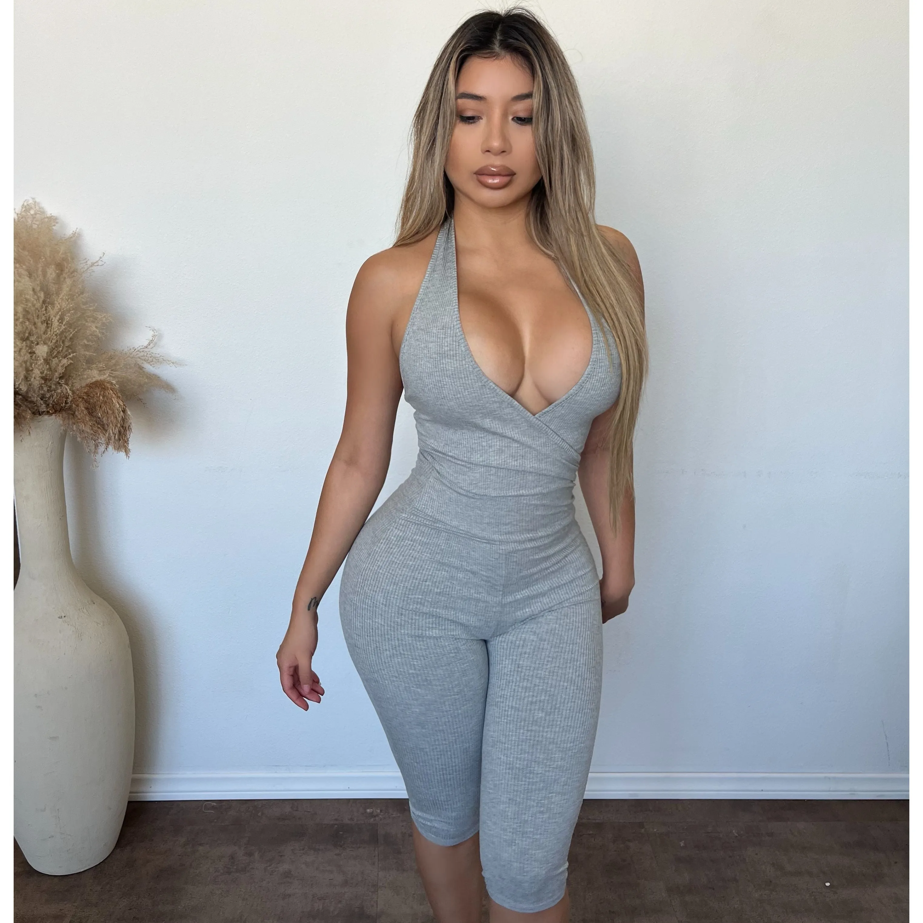 Serena Halter Neck Snatched Jumpsuit (H Grey) sold by OOTDFash