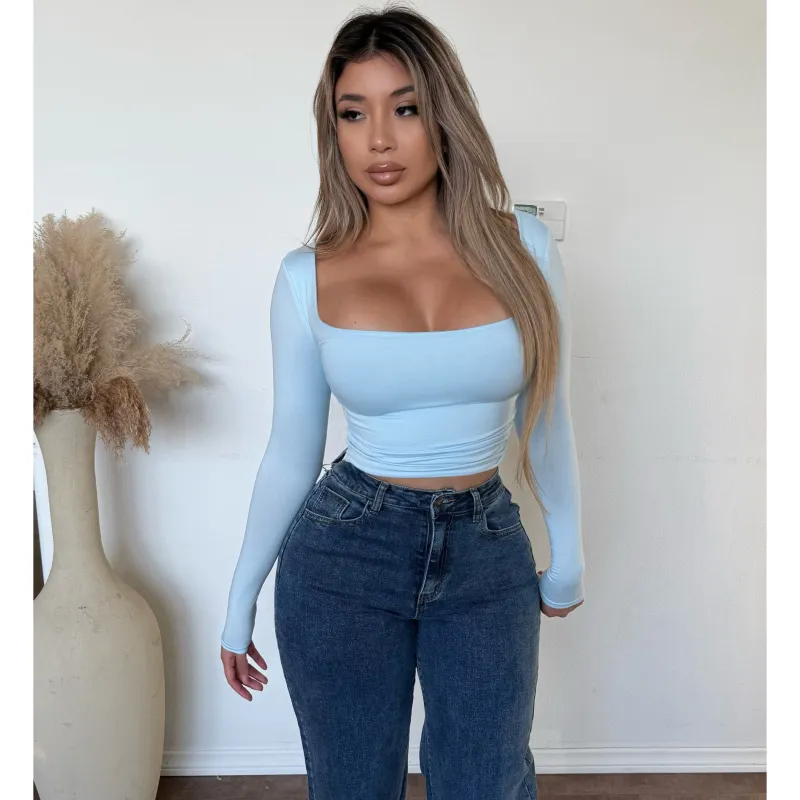 Reina Long Sleeve Scoop Neck Top (Light Blue) sold by OOTDFash
