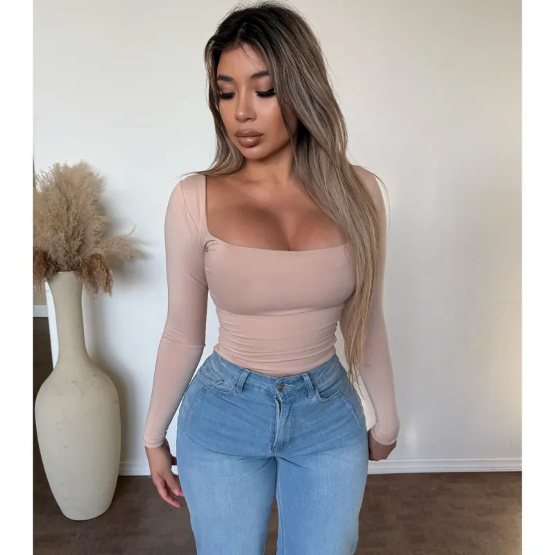 Reina Long Sleeve Scoop Neck Top (Taupe) sold by OOTDFash