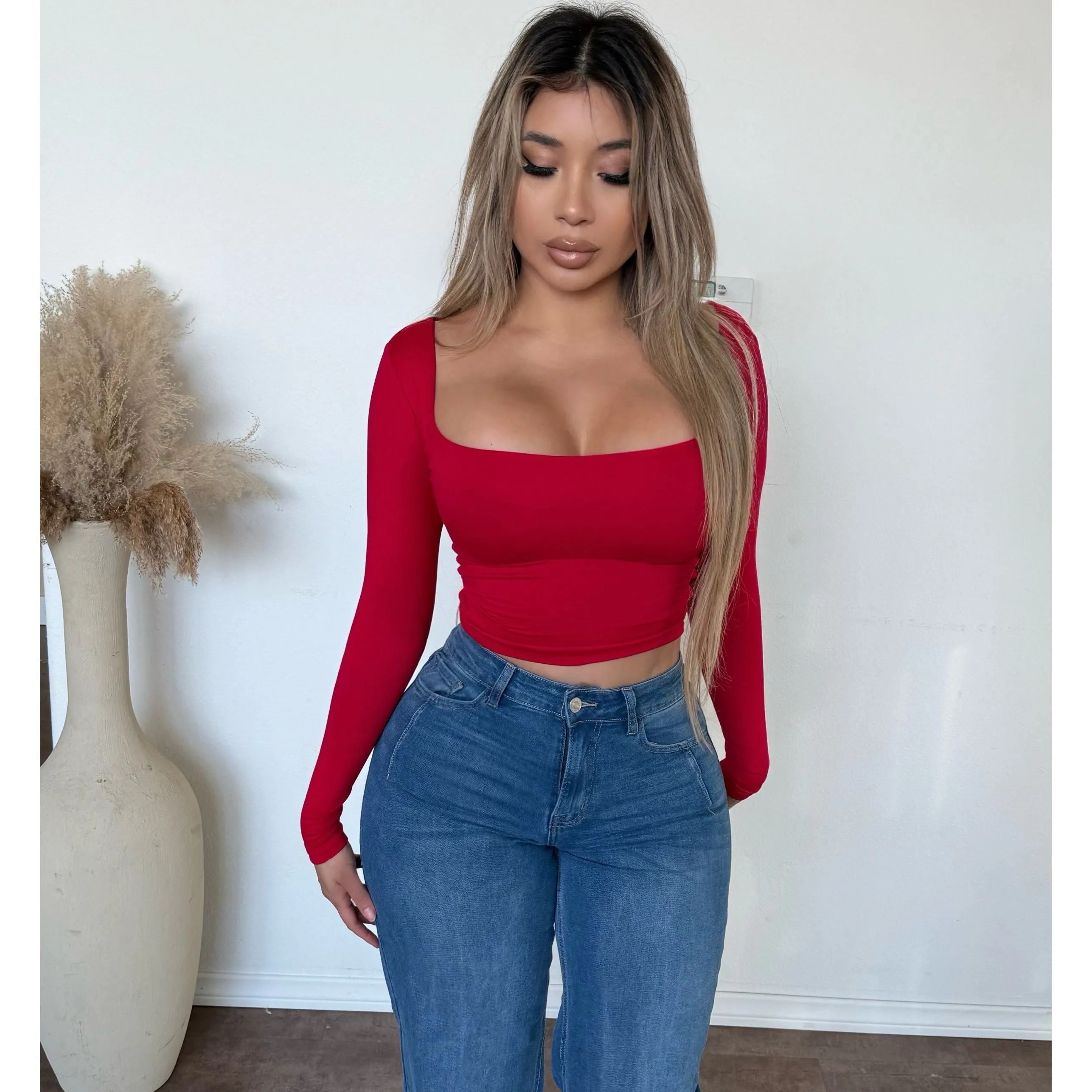 Reina Long Sleeve Scoop Neck Top (Red) sold by OOTDFash