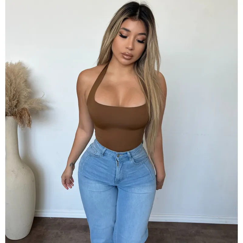 Karlita Bonding Halter Neck Bodysuit (Brown) sold by OOTDFash