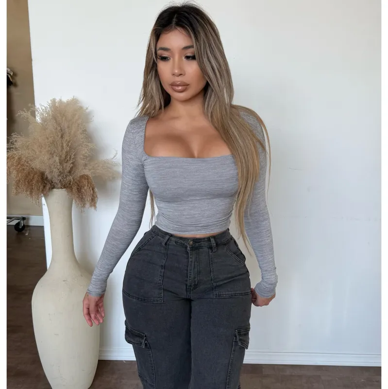 Reina Long Sleeve Scoop Neck Top (Grey) sold by OOTDFash