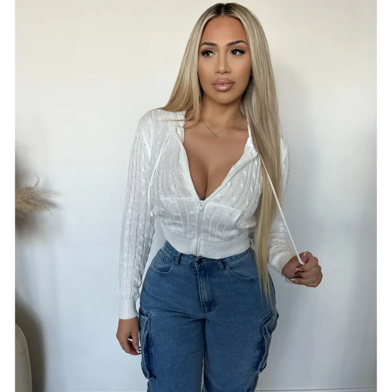 Cindy Front Zip Up Hoodie Long Sleeve (Off White) sold by OOTDFash