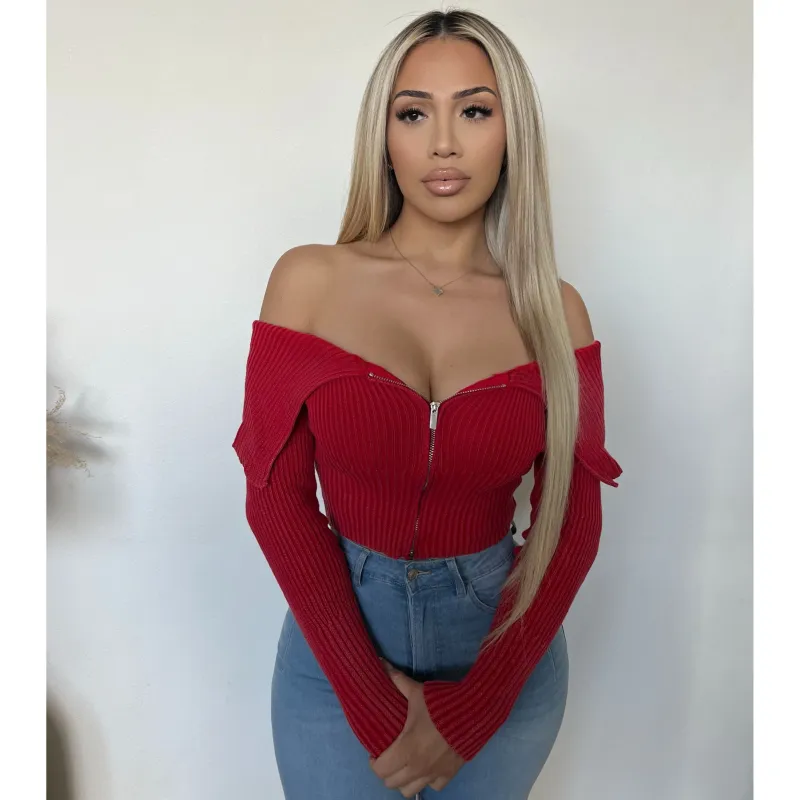 Desire Washed Folded Zipper Sweater (Red) made by OOTDFash