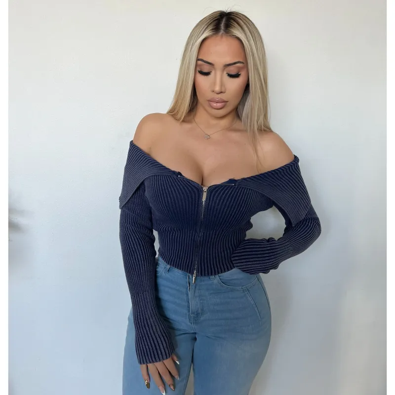 Desire Washed Folded Zipper Sweater (Navy) made by ANWND