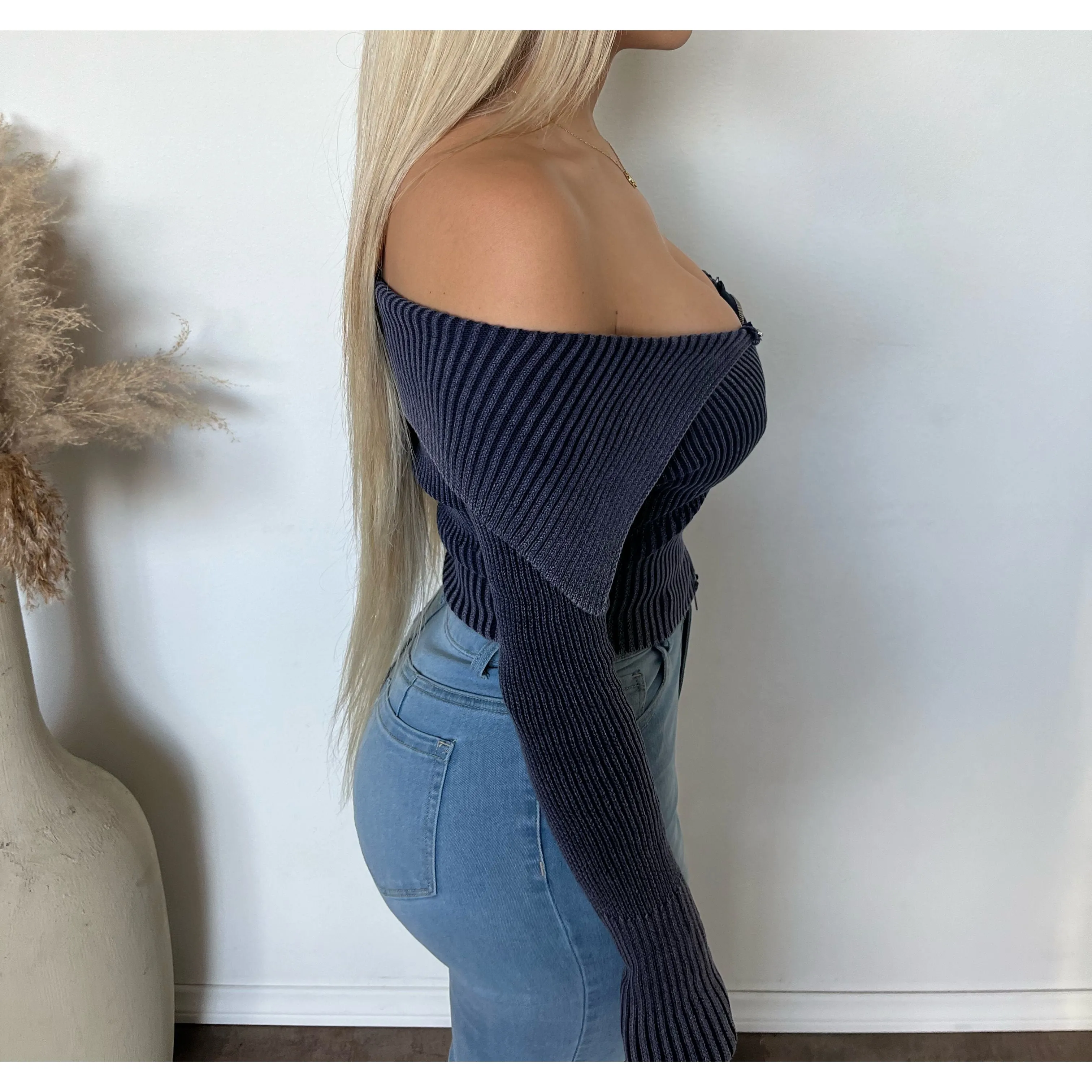 Desire Washed Folded Zipper Sweater (Navy) sold by OOTDFash product image thumbnail 3