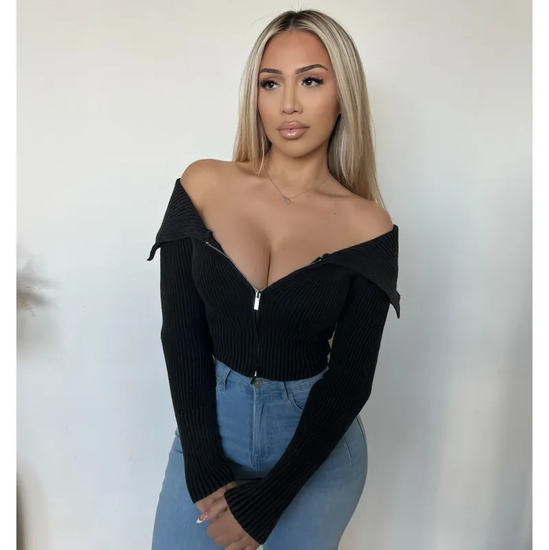 Desire Washed Folded Zipper Sweater (Black) made by OOTDFash