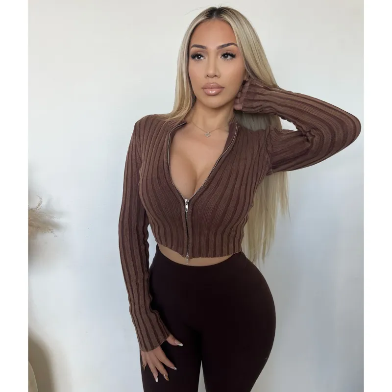 Audrey Rib Zip Up Sweater (Brown) sold by OOTDFash