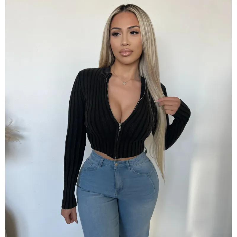 Audrey Rib Zip Up Sweater (Black) sold by OOTDFash