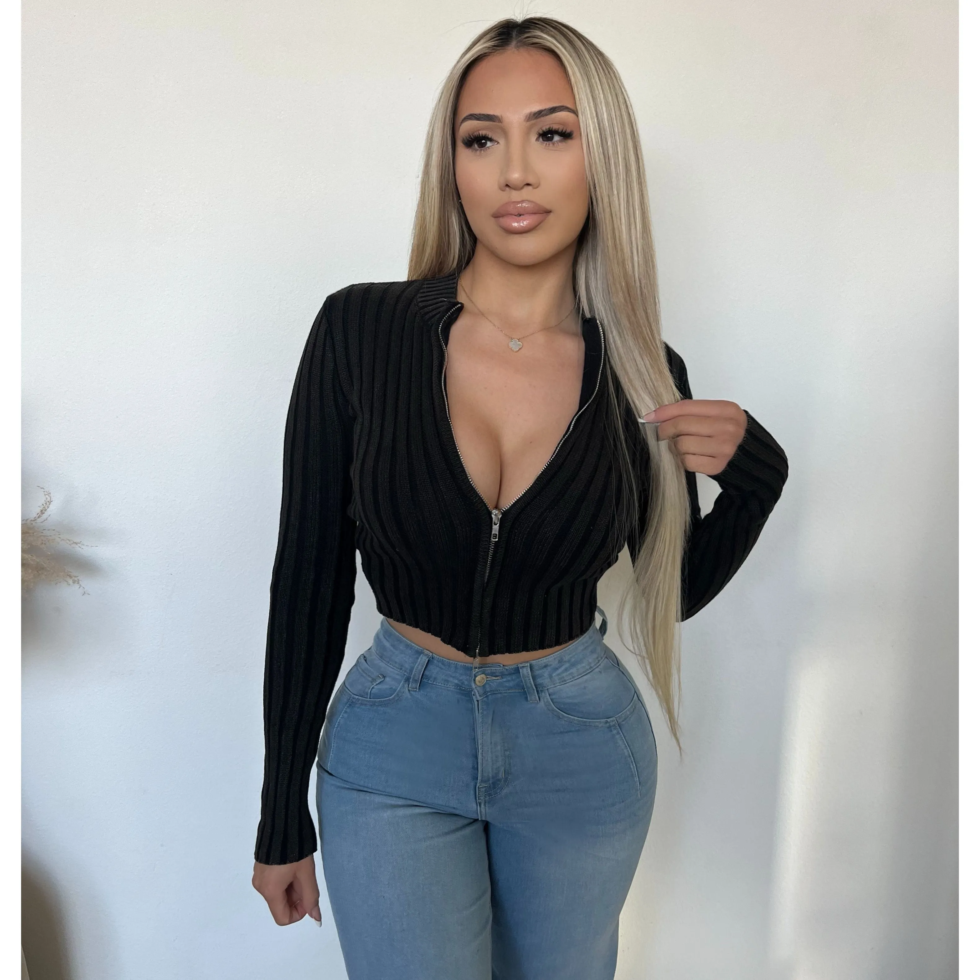 Audrey Rib Zip Up Sweater (Black) sold by OOTDFash