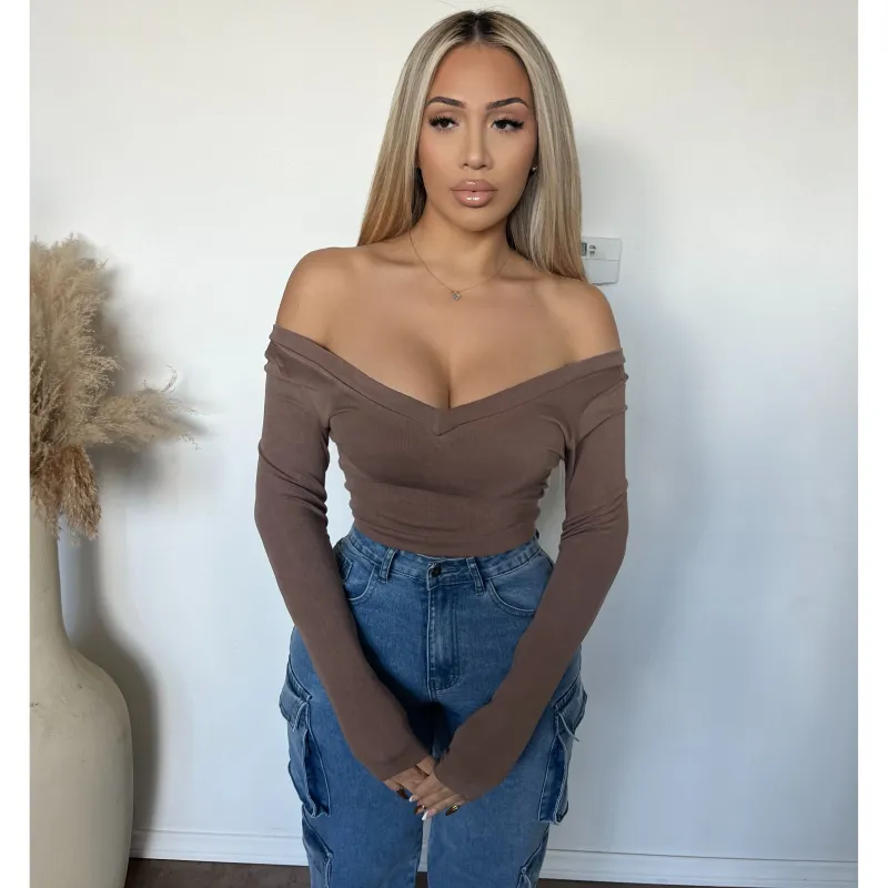 Makayla Deep V Neck Long Sleeve Top (Brownie) sold by OOTDFash