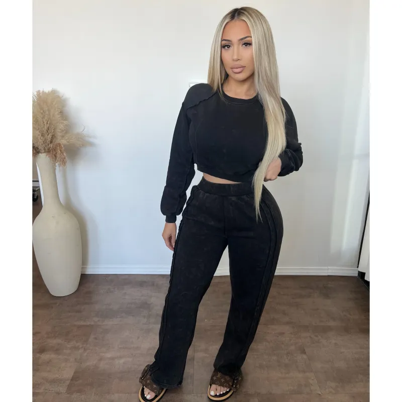 Casandra Washed Sweatshirt & Pants Set (Black) sold by OOTDFash