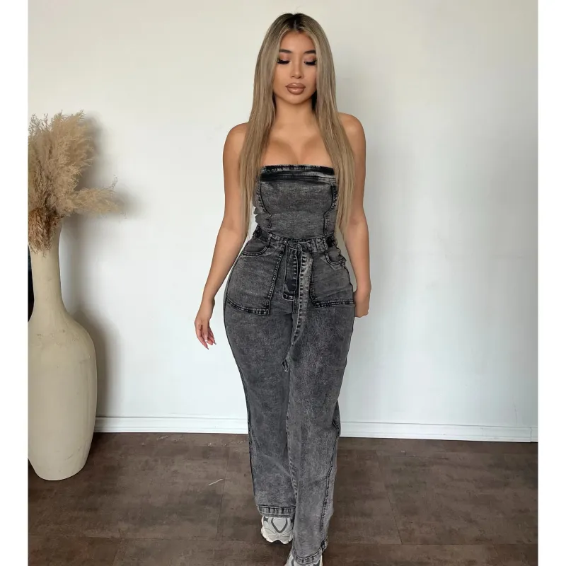Valiere Denim Tube Jumpsuit (Acid Black) sold by OOTDFash