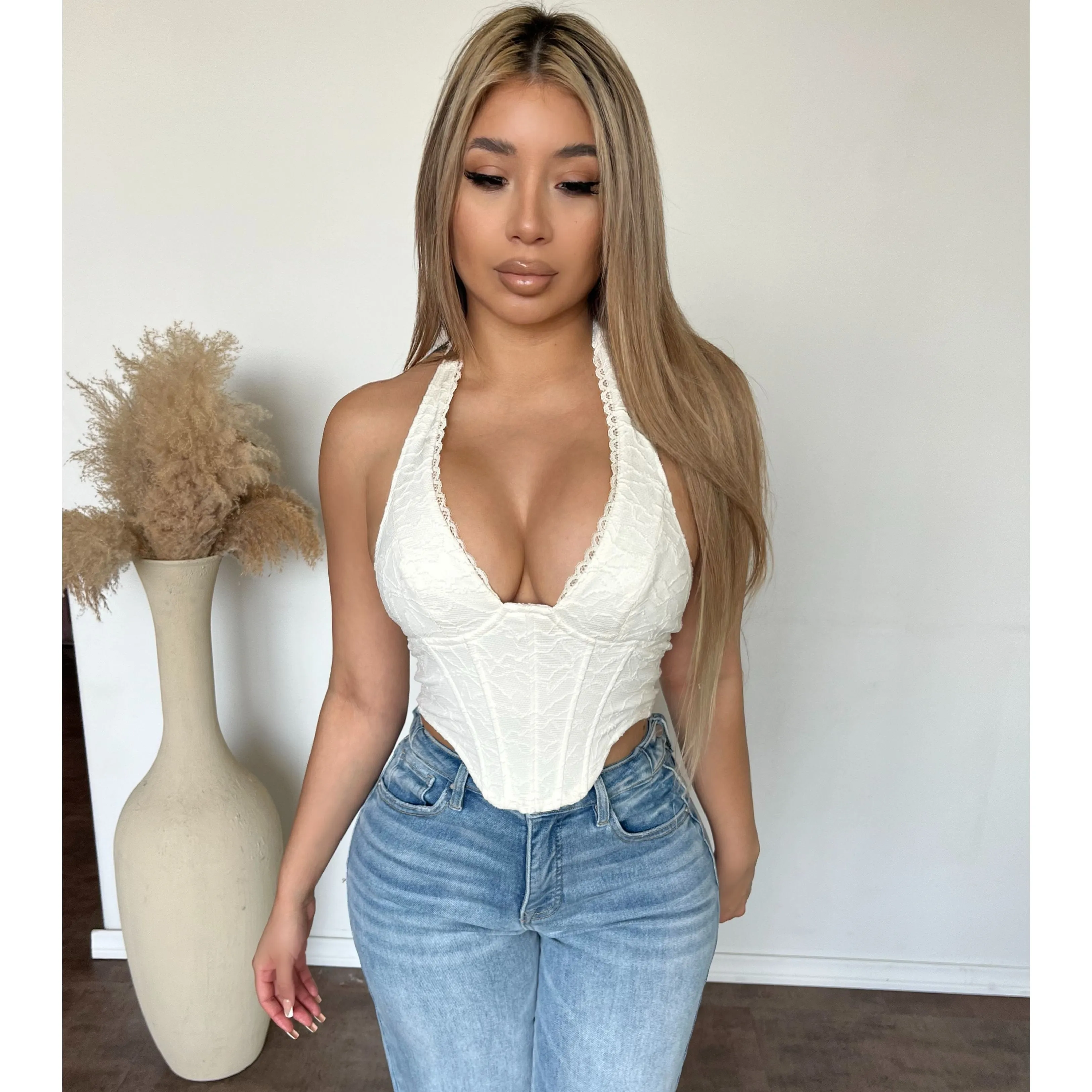 Amber Textured Lace Halter Top (Ivory) sold by OOTDFash