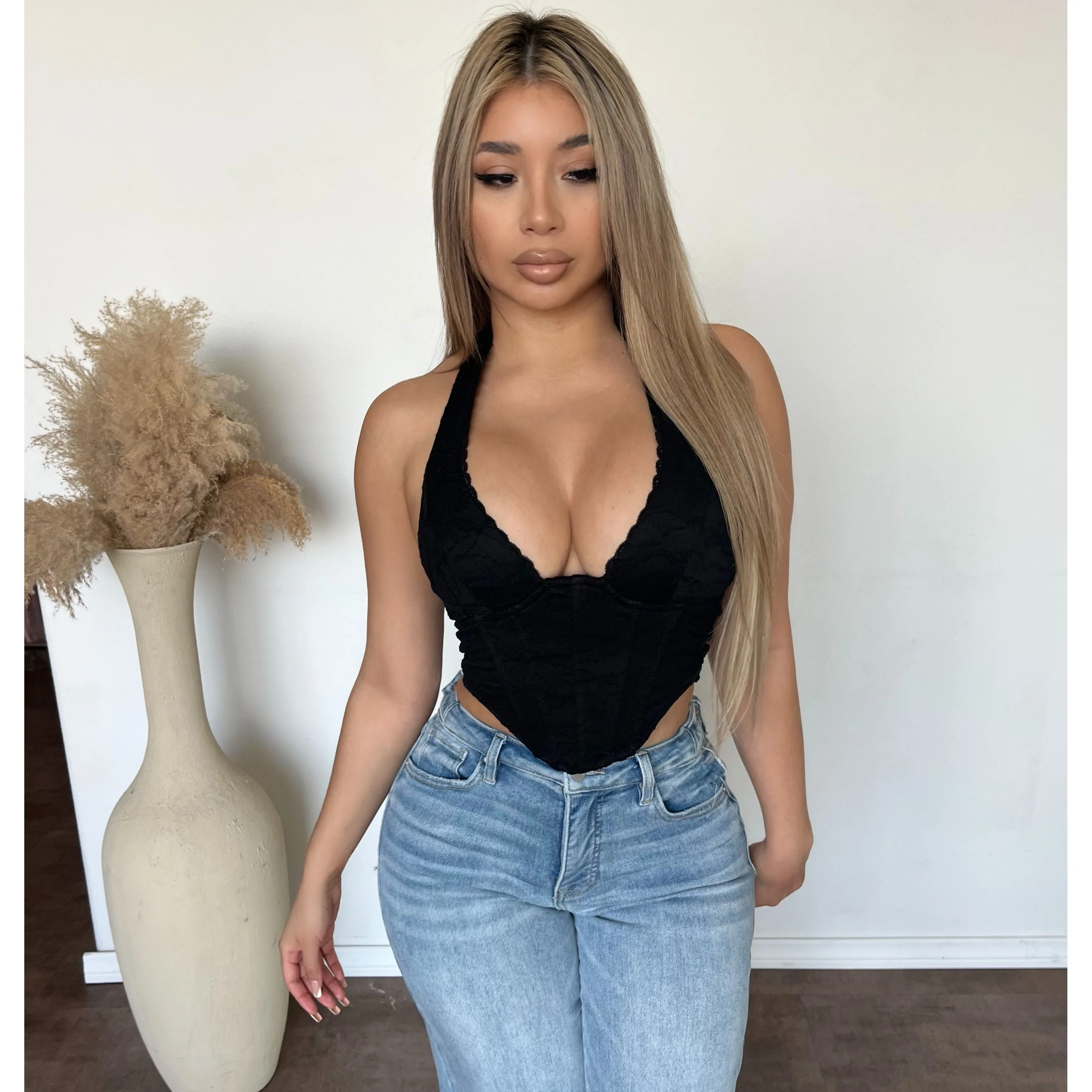 Amber Textured Lace Halter Top (Black) sold by OOTDFash