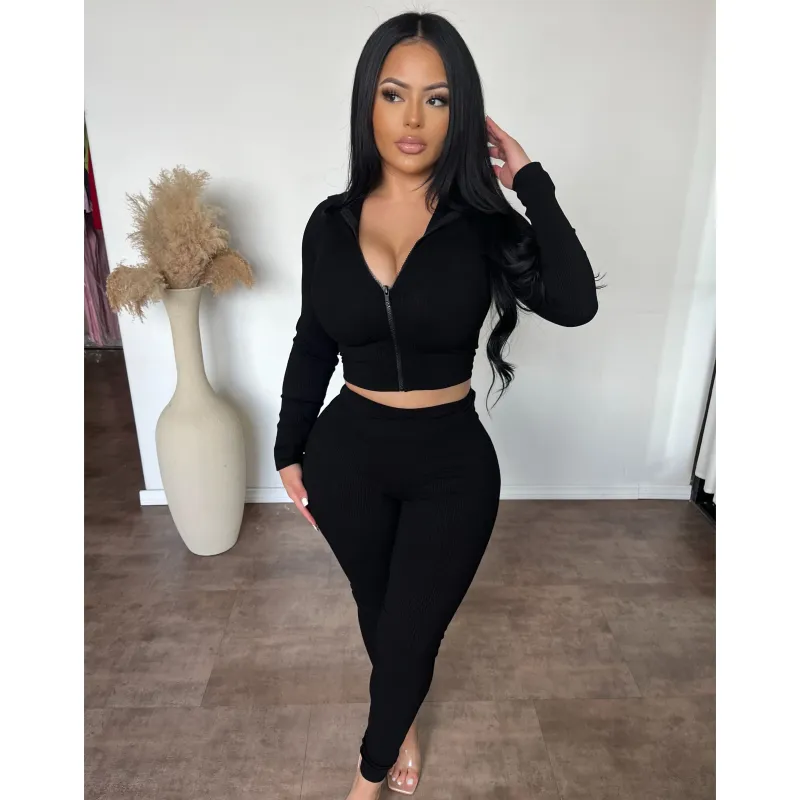 Bianca Snatched Zip Up Hoodie W Matching Leggings (Black) made by OOTDFash