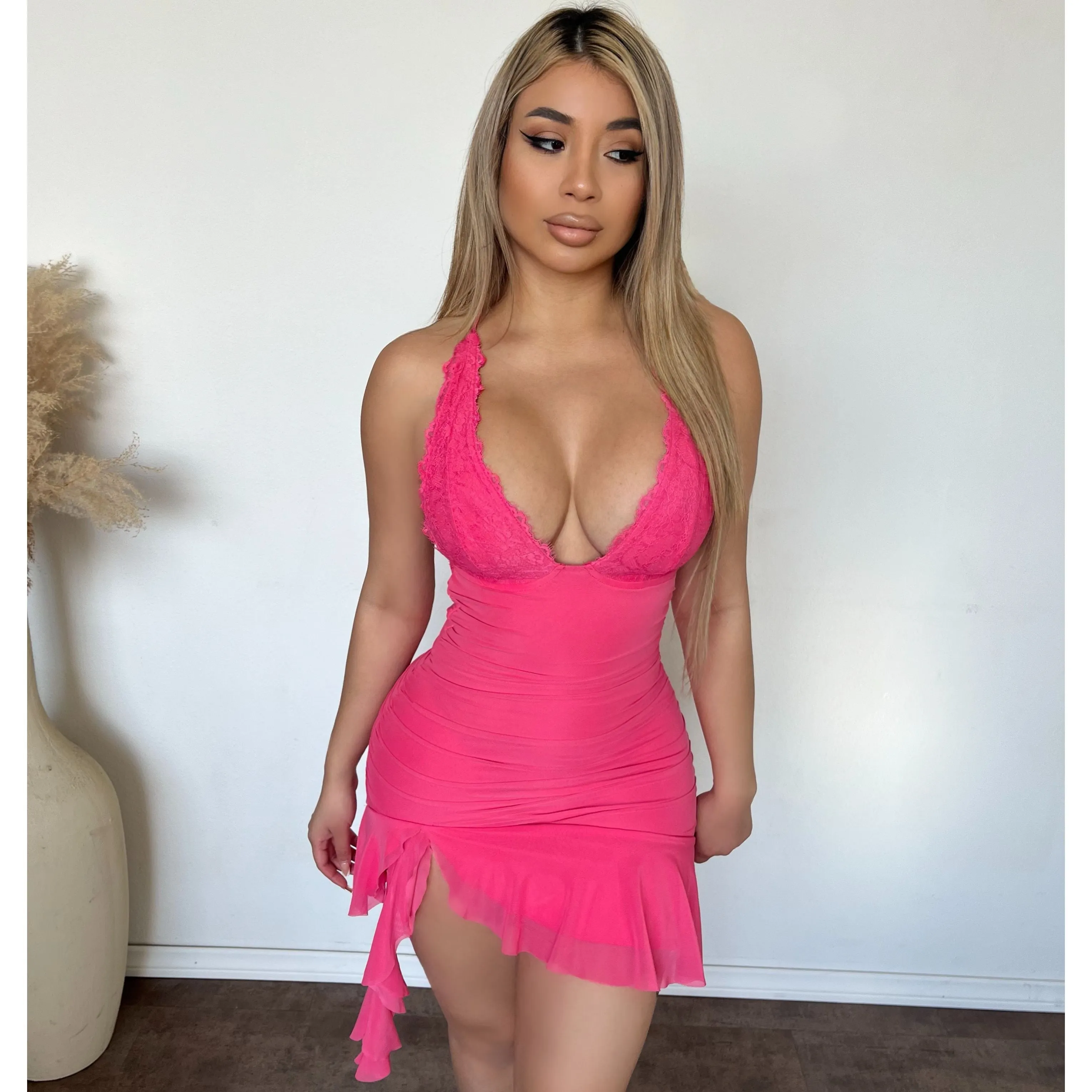 Scarlett Ruffle Mini Dress (Pink) sold by OOTDFash