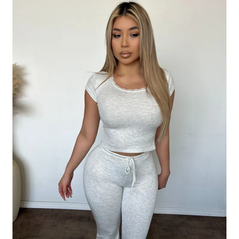 Erica Short Sleeve Scoop Neck W Lace Trim (Heather Grey) made by OOTDFash