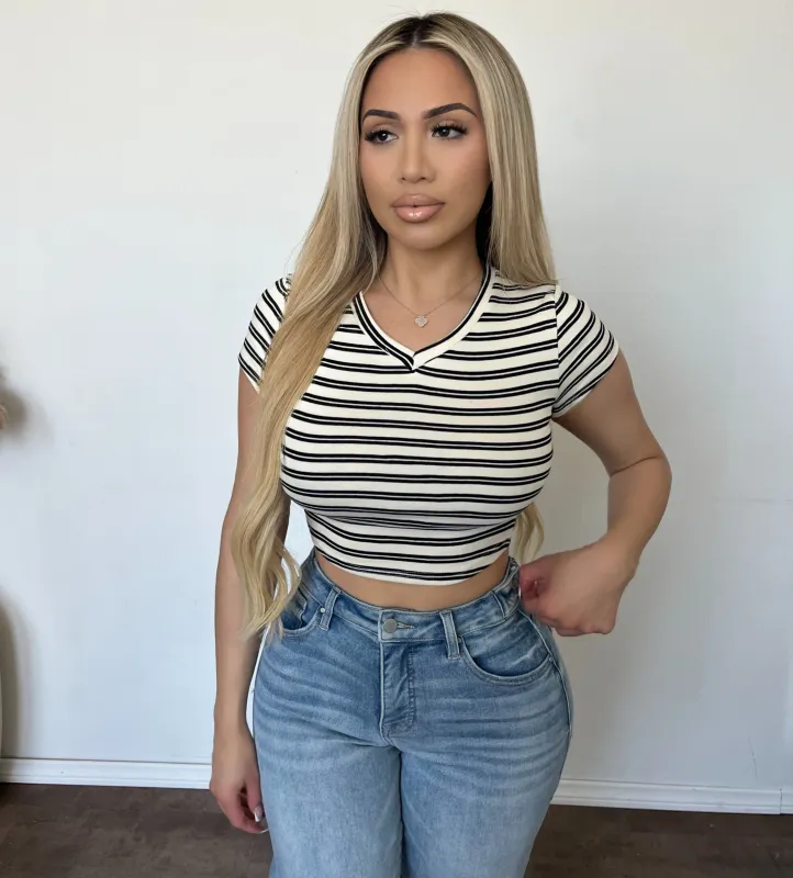 Bianca Stripe V Neck Tee (White/Black) made by OOTDFash