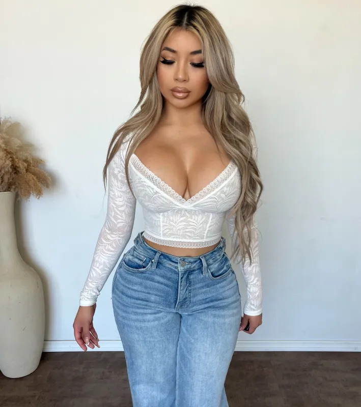 Veronica Lace Deep V Neck Long Sleeve Top (White) made by ANWND
