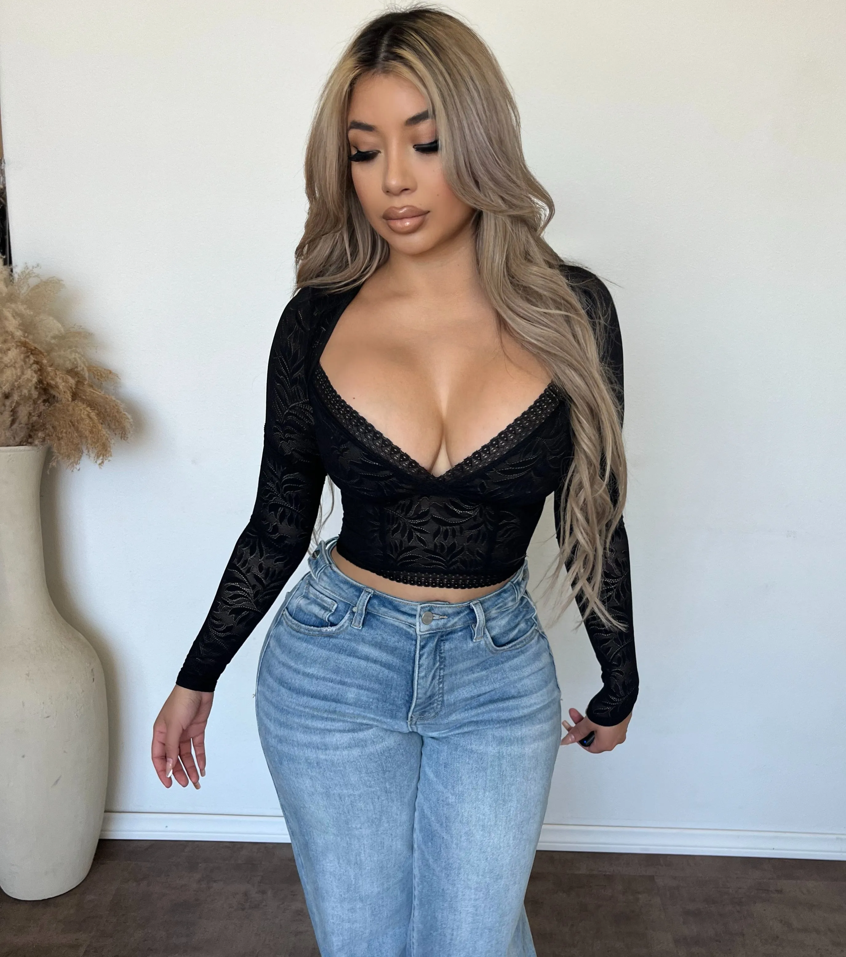 Veronica Lace Deep V Neck Long Sleeve Top (Black) sold by OOTDFash