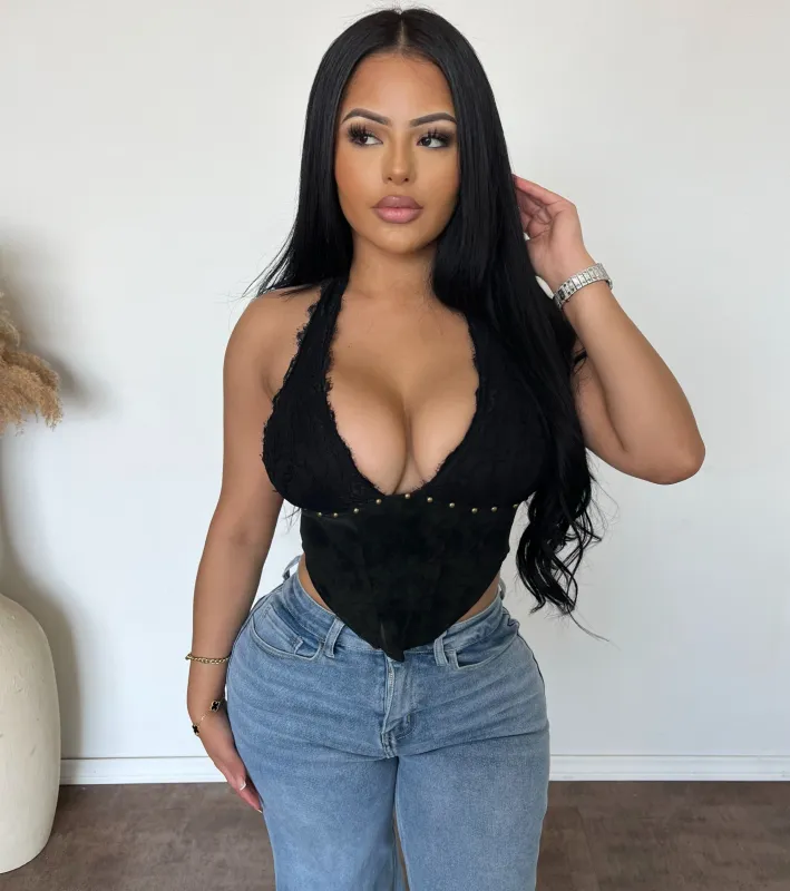 Tarisa Halter Lace Suede Top (Black) made by Bear Dance