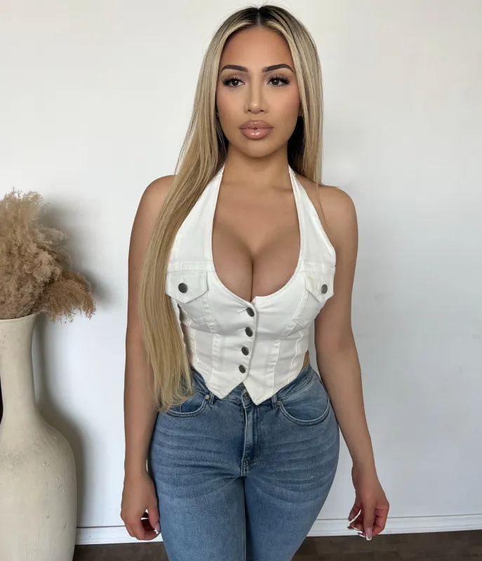 Domonique Front Button Denim Halter Neck Top (White) made by ANWND