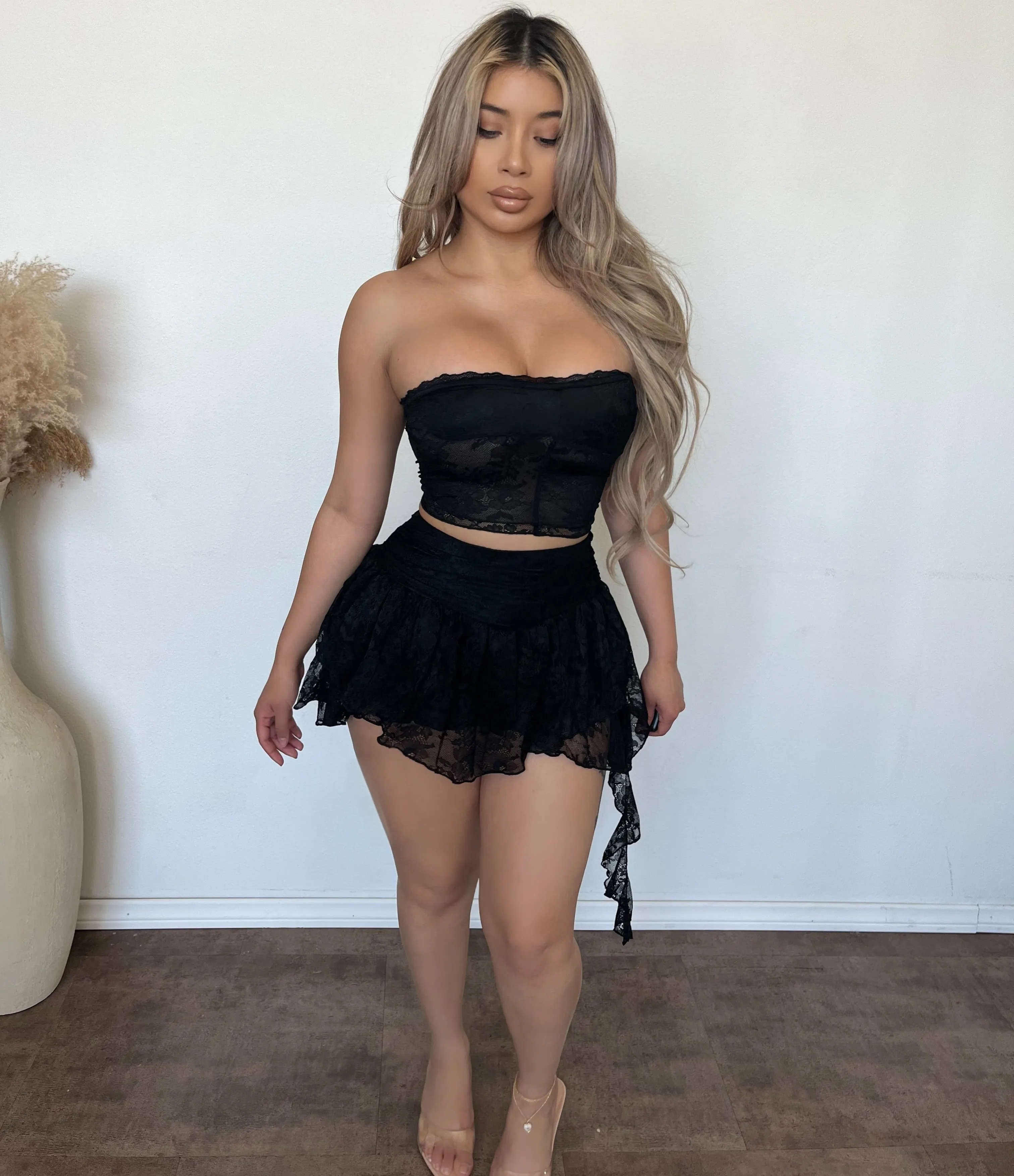 Veronica Lace Tube Top & Flare Mini Skirt Set (Black) sold by OOTDFash