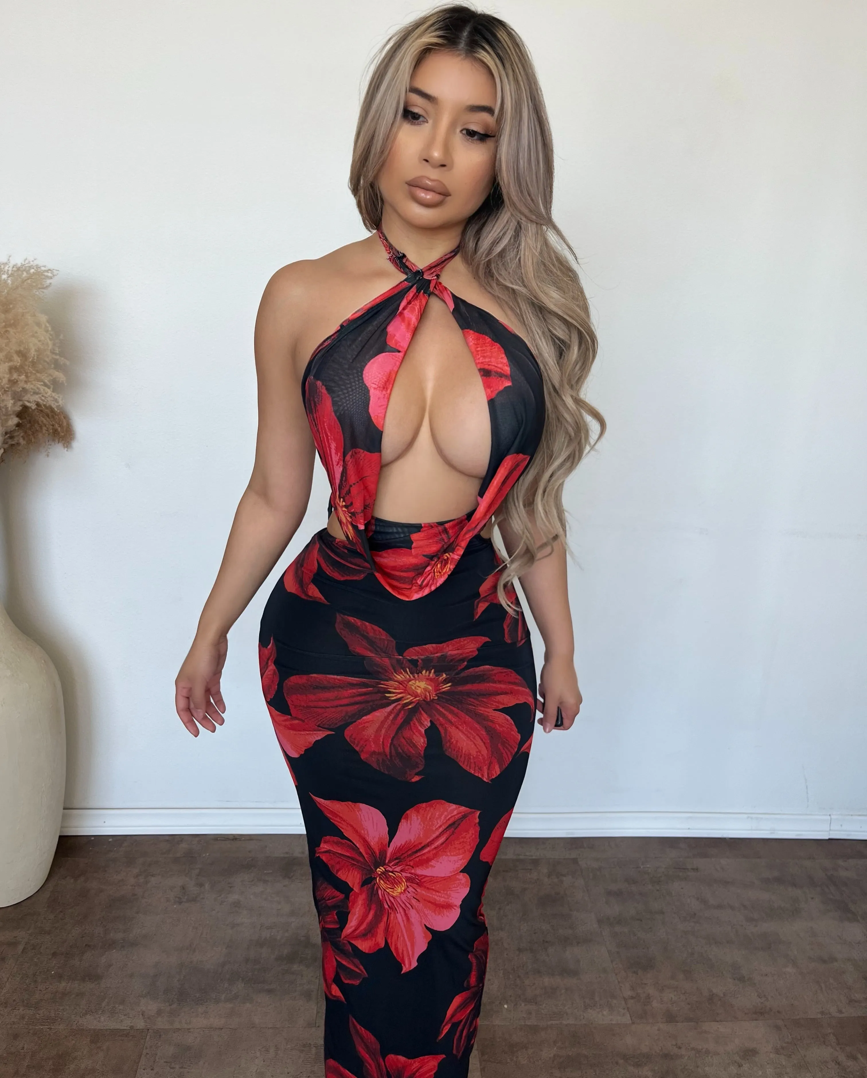 Amanda Flower Printed Mesh Cowl Neck Maxi Dress (Red) sold by OOTDFash