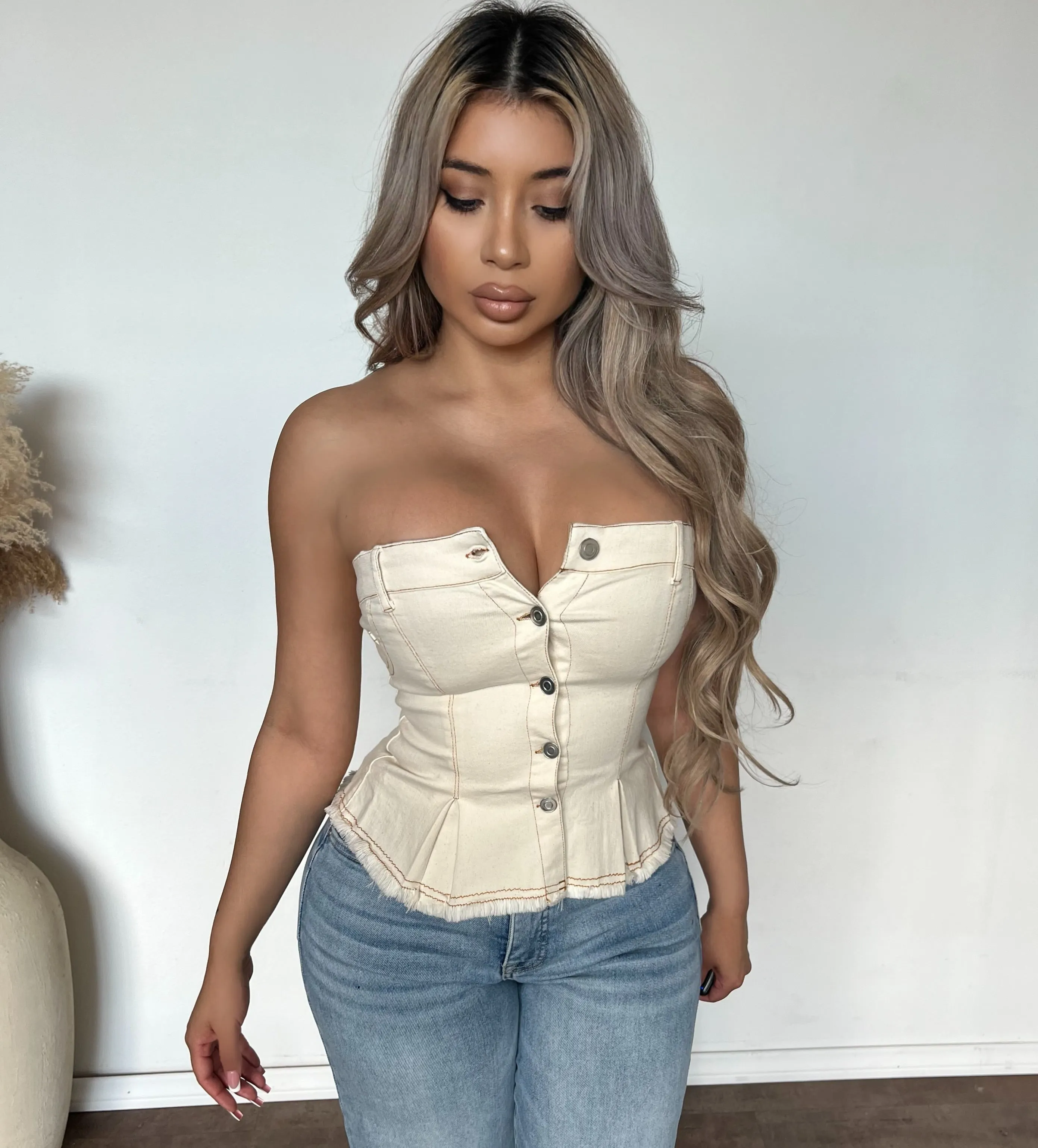 Domonique Denim Corset Top (Cream) sold by OOTDFash
