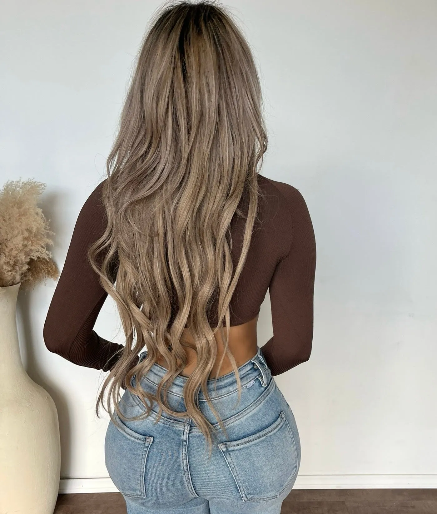 Cropped Long Sleeve Square Neck Rib Knitted top (Brown) sold by OOTDFash product image thumbnail 2