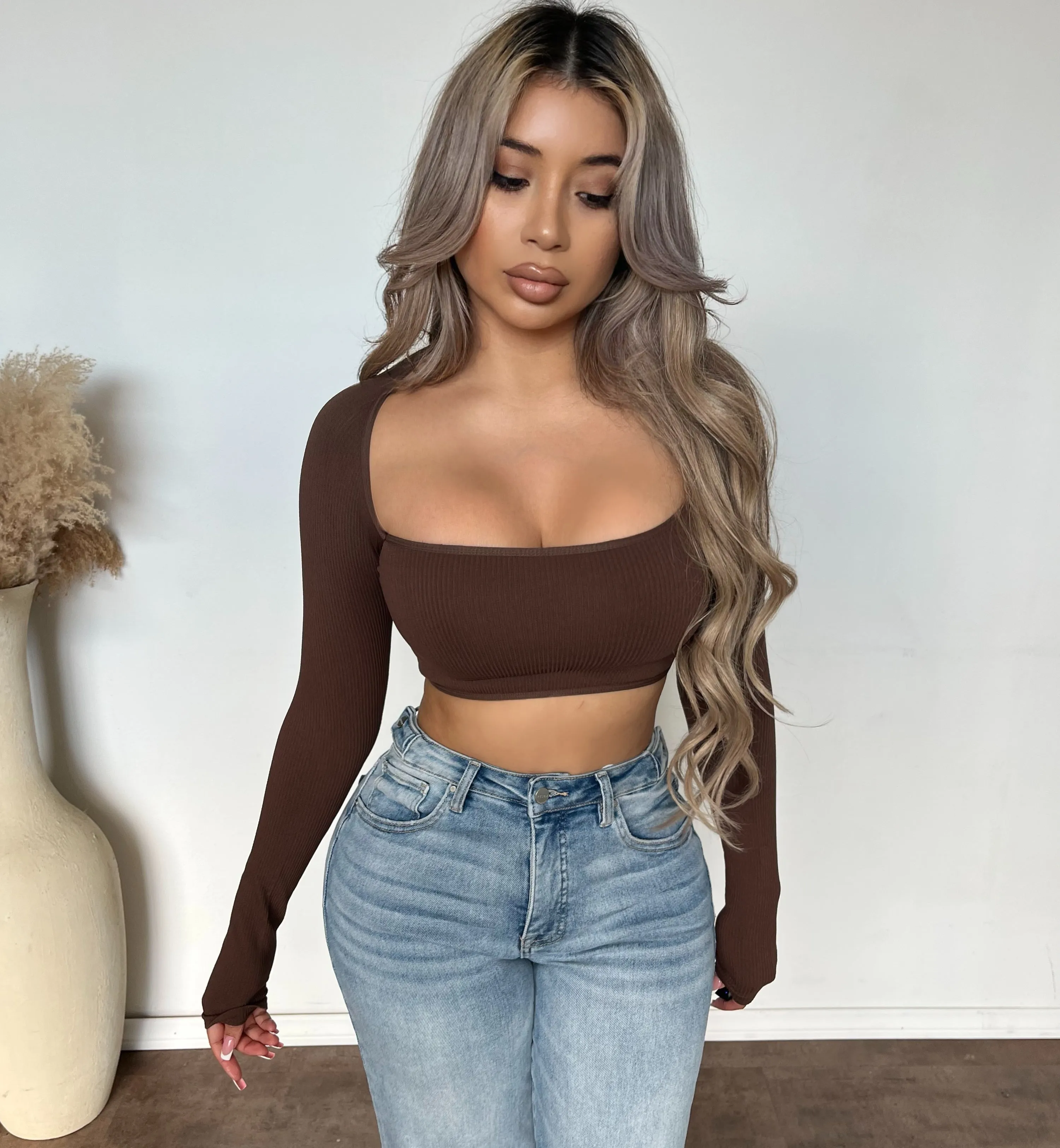 Cropped Long Sleeve Square Neck Rib Knitted top (Brown) sold by OOTDFash