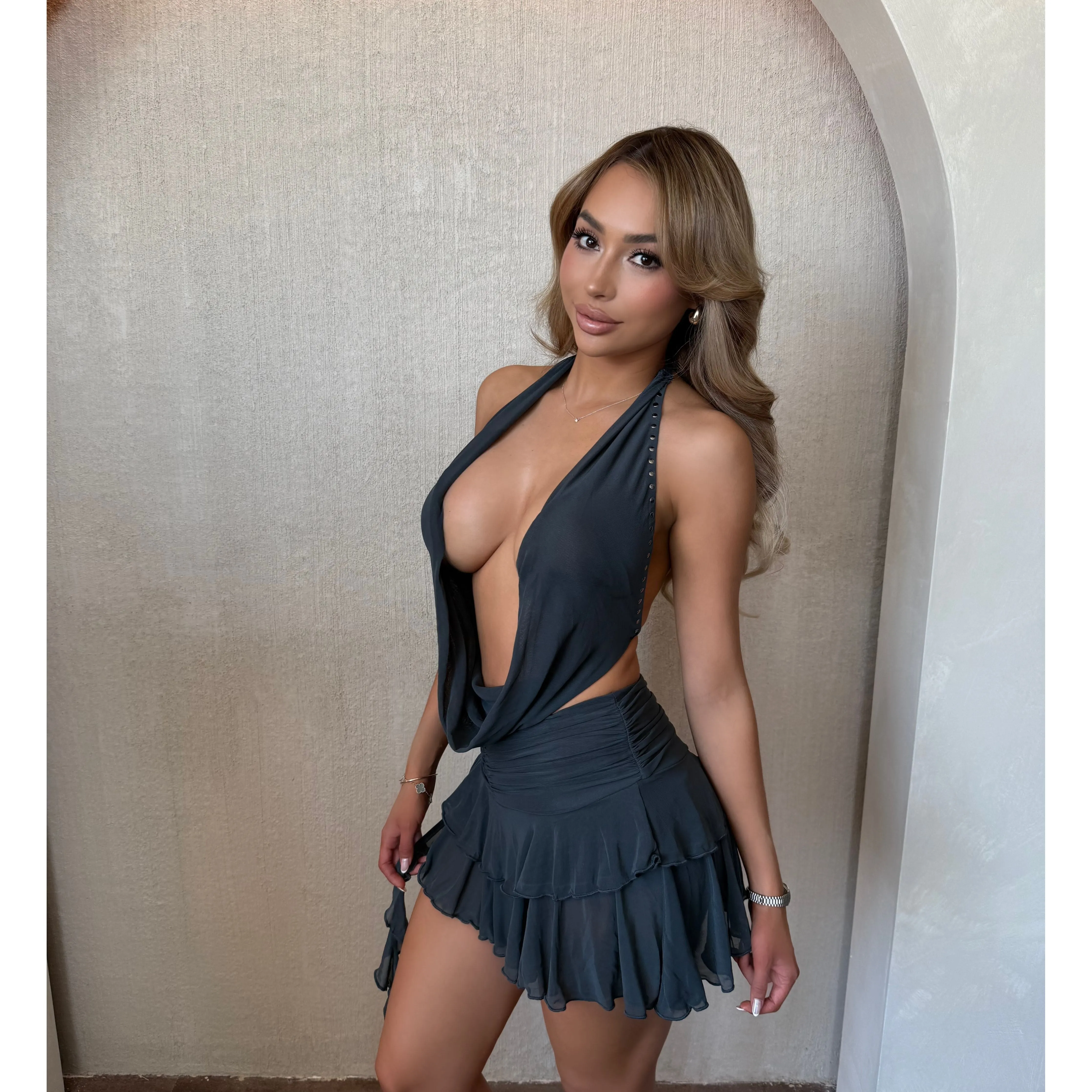 Cami Studded Cowl Neck Open Back Ruffle Mesh Dress (Charcoal) sold by OOTDFash
