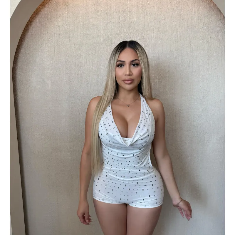 Stacy Cowl Neck Rhinestone Romper (White) made by Bear Dance