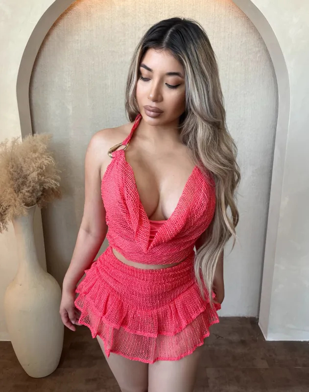Stacy Open Back Top & Mini Skirt Set (Coral) made by Bear Dance