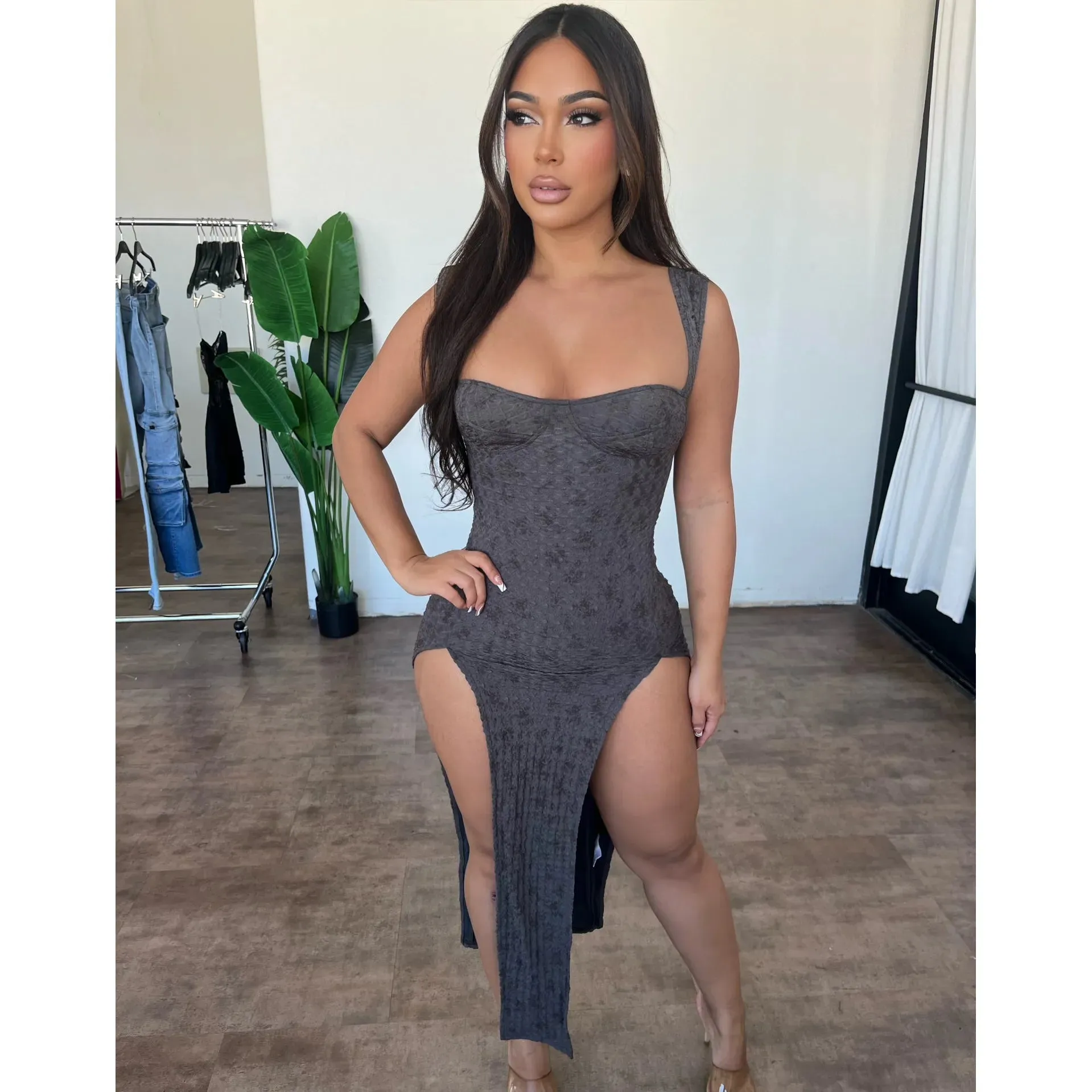 Gigi Slit Dress (Charcoal) sold by OOTDFash