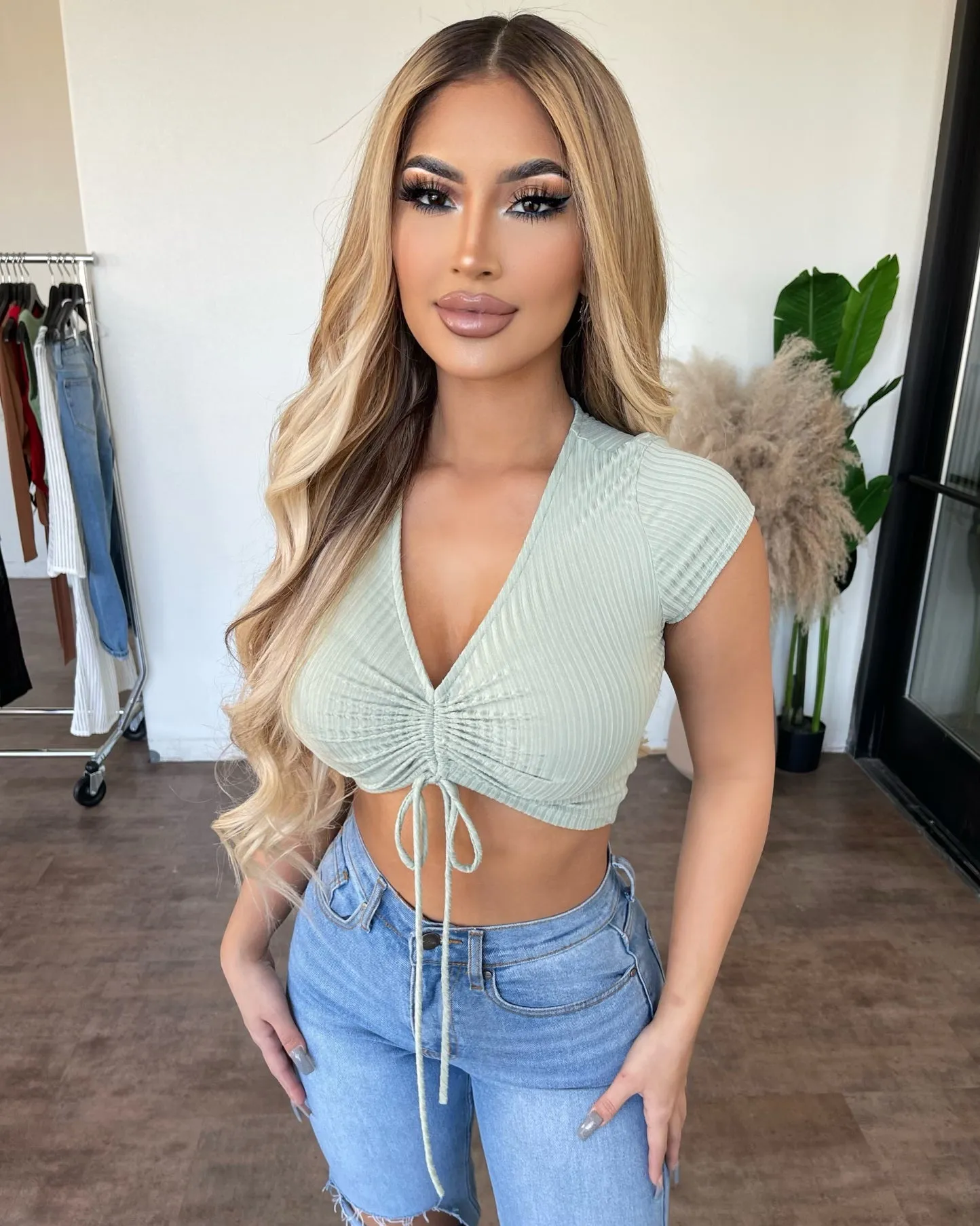 Reese Short Sleeve V-Neck Top(Sage) sold by OOTDFash