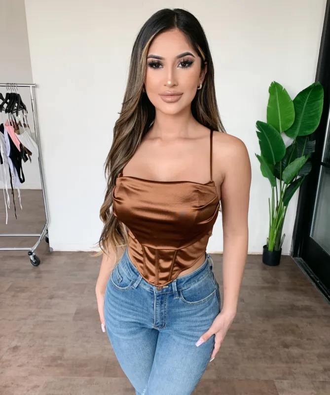 Sabrina Cami Satin Top (Brown) sold by OOTDFash