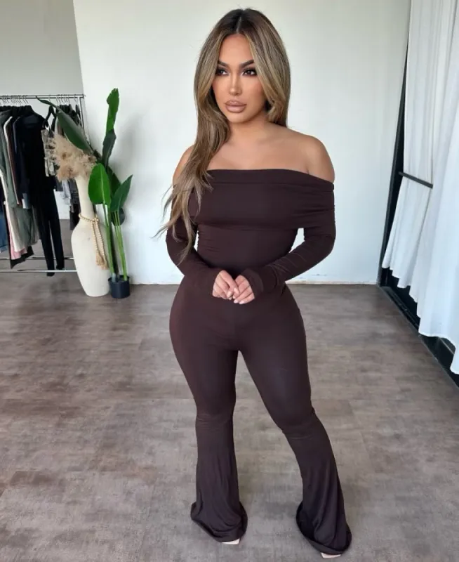 Tiffany Off Shoulder Jumpsuit (Chocolate) sold by OOTDFash