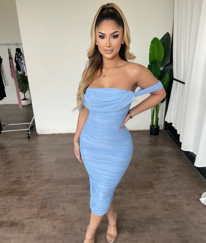 Ella Off Shoulder Dress(Baby Blue) sold by OOTDFash